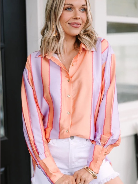 entro Tops - Entro In Your Heart Peach Orange Striped Blouse Silky Satin Top